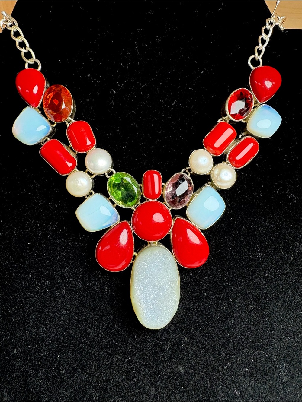 Red Multi-Gem Statement Necklace with Opal-Like Accents